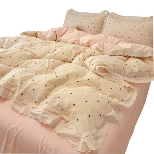 A類小清新床上用品四件套裸睡超柔水洗棉花邊被套床單宿捨三件套4