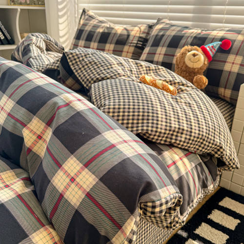 簡約床上用品四件套床包格子被套格子男學生宿捨床單人雙人三件套