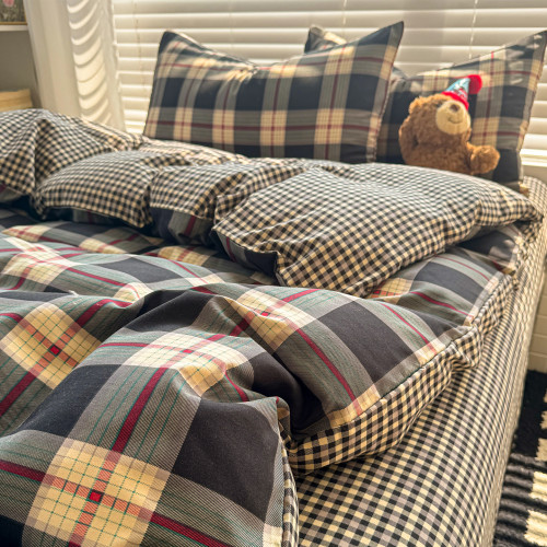 簡約床上用品四件套床包格子被套格子男學生宿捨床單人雙人三件套