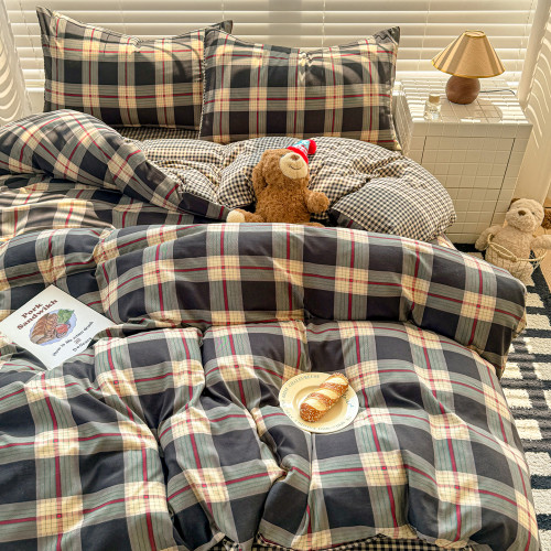 簡約床上用品四件套床包格子被套格子男學生宿捨床單人雙人三件套