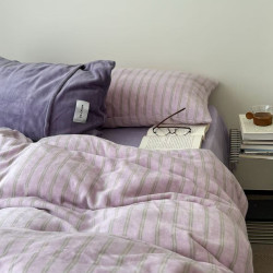 【花臉貓】慵懶哲學！博主風調性親膚柔軟牛奶絨條紋簡約四件套