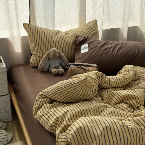 博主風ins純色中古簡約條紋水洗棉四件套床單學生三件套床包1.8m