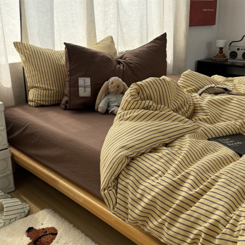 博主風ins純色中古簡約條紋水洗棉四件套床單學生三件套床包1.8m