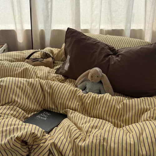 博主風ins純色中古簡約條紋水洗棉四件套床單學生三件套床包1.8m