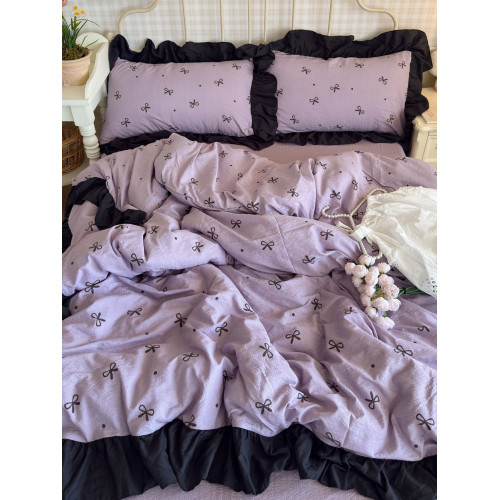 A類紫色蝴蝶結皺皺紗花邊四件套床裙宿捨被套床單少女床上三件套 A類紫色蝴蝶結皺皺紗花邊四件套床裙宿捨被套床單少女床上三件套