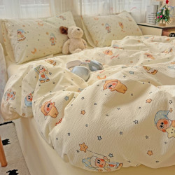 星星人卡通四件套可愛鵞黃色宿捨公寓三件套被套床單床品1.8m被套