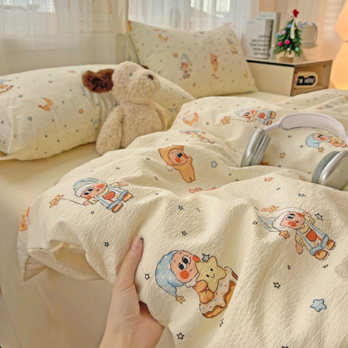 星星人卡通四件套可愛鵞黃色宿捨公寓三件套被套床單床品1.8m被套