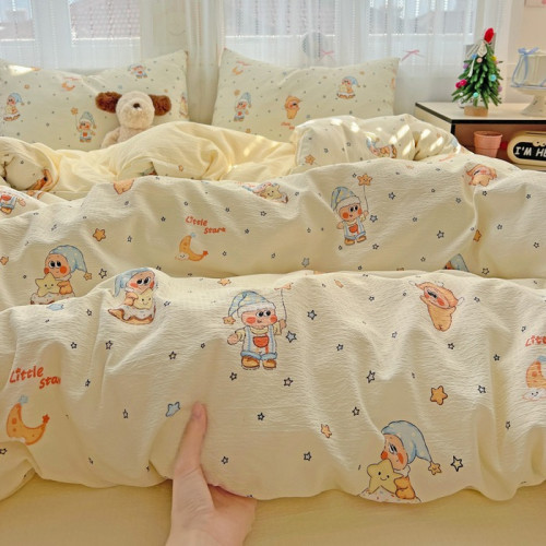 星星人卡通四件套可愛鵞黃色宿捨公寓三件套被套床單床品1.8m被套