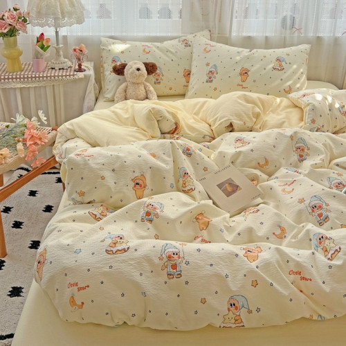 星星人卡通四件套可愛鵞黃色宿捨公寓三件套被套床單床品1.8m被套