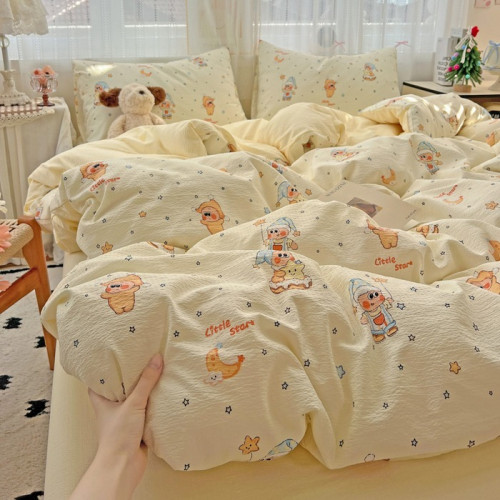 星星人卡通四件套可愛鵞黃色宿捨公寓三件套被套床單床品1.8m被套