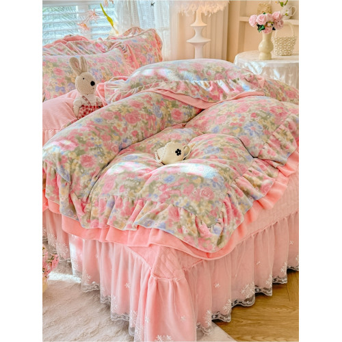 小紅書推薦冬季公主風雙面牛奶絨床蓋四件套A類加厚保暖花邊被套