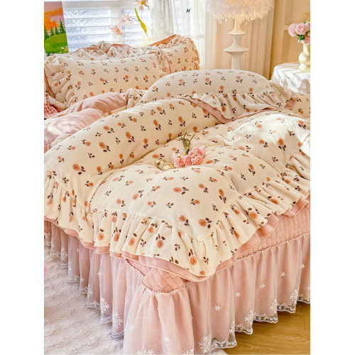 小紅書推薦冬季公主風雙面牛奶絨床蓋四件套A類加厚保暖花邊被套