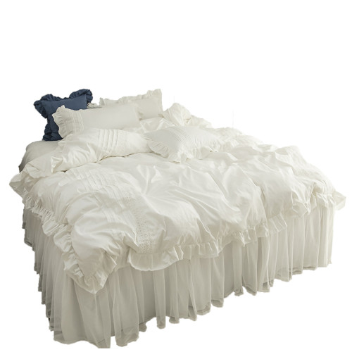 公主風ins純棉床上用品四件套北歐全棉100被套夏季蕾絲邊床裙白色