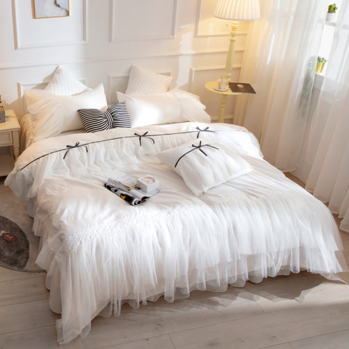 公主風ins純棉床上用品四件套北歐全棉100被套夏季蕾絲邊床裙白色