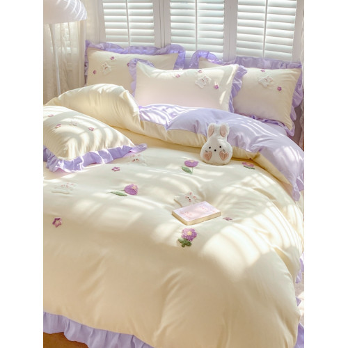 韓版四件套花邊少女心被罩鬱金香刺綉水洗棉床單被套宿捨床品套件 韓版四件套花邊少女心被罩鬱金香刺綉水洗棉床單被套宿捨床品套件