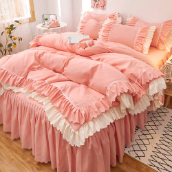 冬季公主風ins床上四件套床單床裙式裸睡少女心雙層花邊被套粉色4