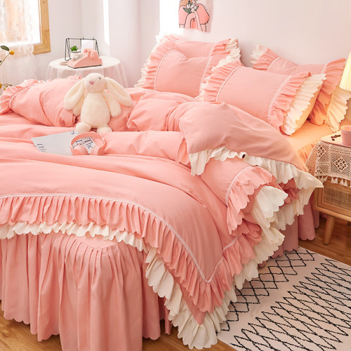 冬季公主風ins床上四件套床單床裙式裸睡少女心雙層花邊被套粉色4
