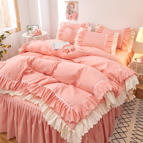 冬季公主風ins床上四件套床單床裙式裸睡少女心雙層花邊被套粉色4