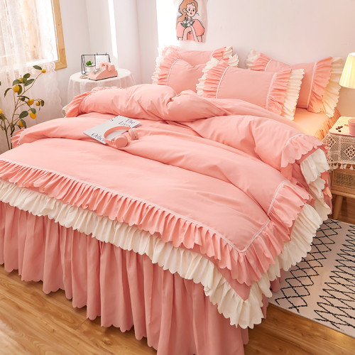 冬季公主風ins床上四件套床單床裙式裸睡少女心雙層花邊被套粉色4