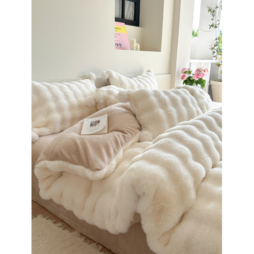 簡約冬季保暖獺兔毛絨四件套立體絨球加厚牛奶絨被套1.8m床上用品