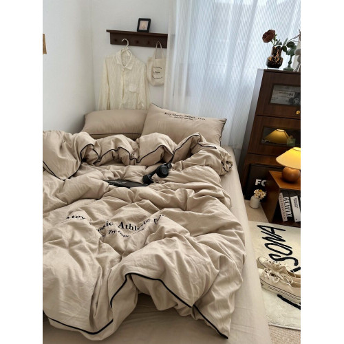 溫柔莫蘭迪ins奶咖高級刺綉褶皺水洗棉床上四件套床單學生三件套