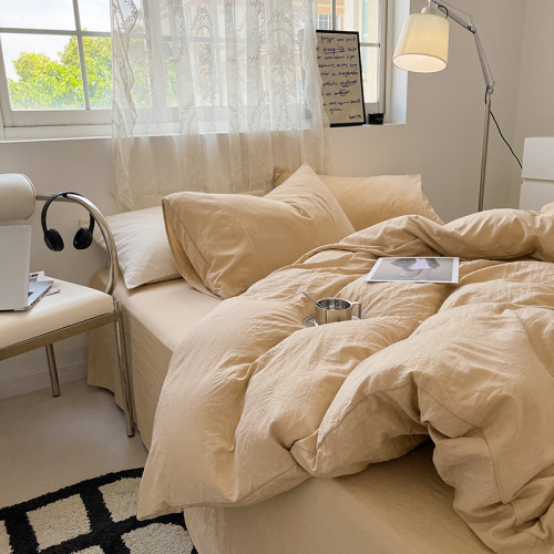 日式侘寂風純色水洗棉麻四件套床品被套床包款床單學生宿捨三件套