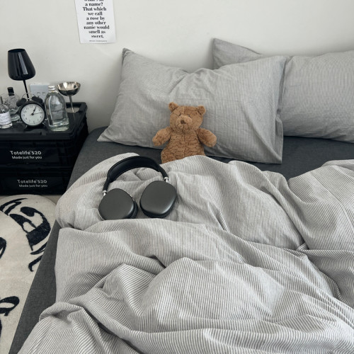 純棉床上四件套水洗全棉100簡約條紋床品學生宿捨床單被套三件套4