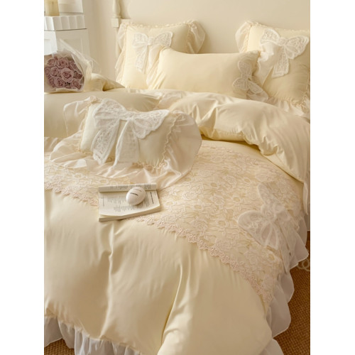 小紅書推薦裸睡蕾絲花邊純棉床上四件套全棉公主風床單被罩被套