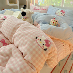 可愛Hello Kitty牛奶絨四件套卡通被套三件套床單宿捨珊瑚絨床品4
