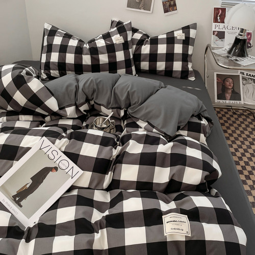 A類母嬰級純棉黑色格子四件套床單被套學生單人床宿捨三件套男生4
