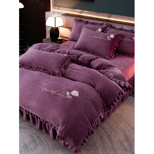 加厚牛奶絨四件套冬季雙面加厚法蘭絨花邊被套純色珊瑚絨床上床裙