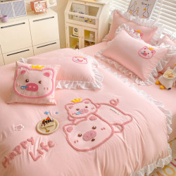 可愛花邊四件套萌豬毛巾綉非全棉純棉被罩裸睡少女床罩床包三件套