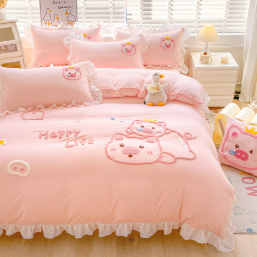 可愛花邊四件套萌豬毛巾綉非全棉純棉被罩裸睡少女床罩床包三件套 可愛花邊四件套萌豬毛巾綉非全棉純棉被罩裸睡少女床罩床包三件套