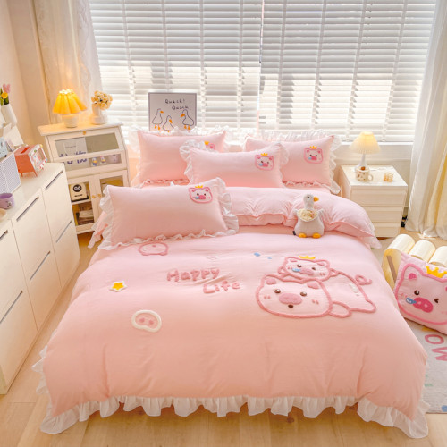 可愛花邊四件套萌豬毛巾綉非全棉純棉被罩裸睡少女床罩床包三件套 可愛花邊四件套萌豬毛巾綉非全棉純棉被罩裸睡少女床罩床包三件套