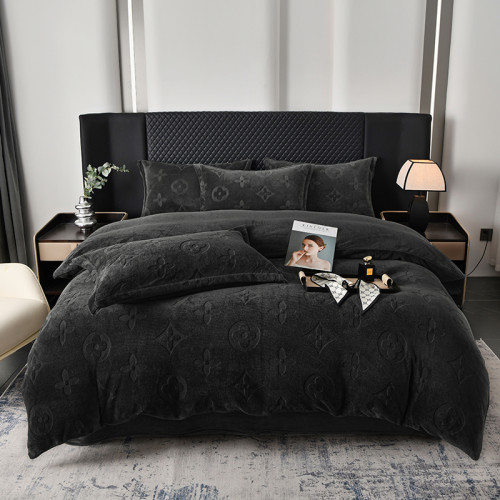 冬季潮牌網紅輕奢四葉草黑色牛奶絨雕花絨男生耐髒床單被套四件套