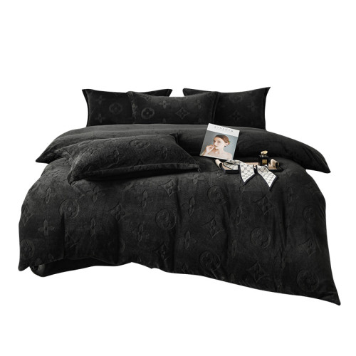 冬季潮牌網紅輕奢四葉草黑色牛奶絨雕花絨男生耐髒床單被套四件套