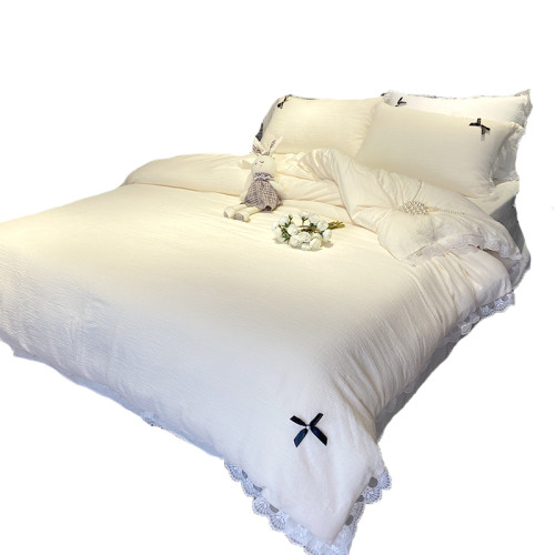 小紅書推薦裸睡蕾絲花邊純棉床單床包四件套全棉純色被套被罩床上