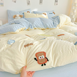 小紅書床上全棉純棉四件套雙拼新款毛巾綉卡通床單被套罩清新四季