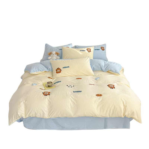 小紅書床上全棉純棉四件套雙拼新款毛巾綉卡通床單被套罩清新四季