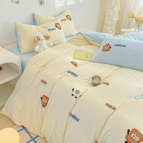 小紅書床上全棉純棉四件套雙拼新款毛巾綉卡通床單被套罩清新四季