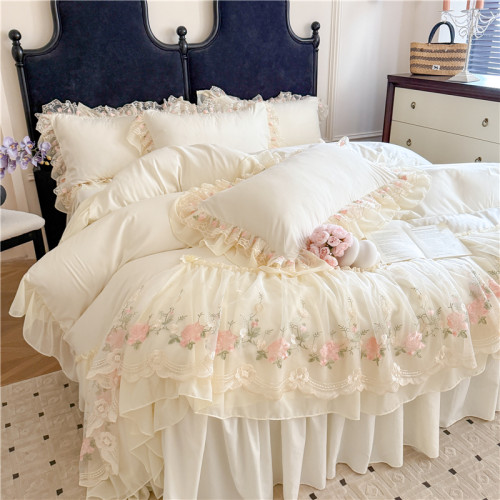 小紅書推薦蕾絲花邊床上四件套純棉床罩床裙式全棉床單被套被罩