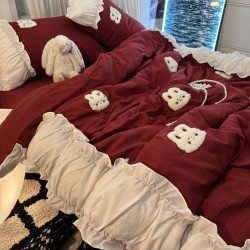 復古紅色女生大花邊公主被套水洗棉床單純棉四件套床品宿捨三件套