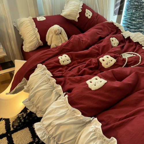 復古紅色女生大花邊公主被套水洗棉床單純棉四件套床品宿捨三件套