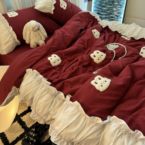 復古紅色女生大花邊公主被套水洗棉床單純棉四件套床品宿捨三件套