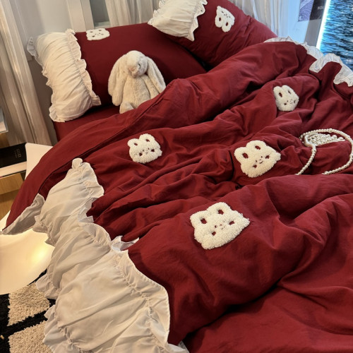 復古紅色女生大花邊公主被套水洗棉床單純棉四件套床品宿捨三件套