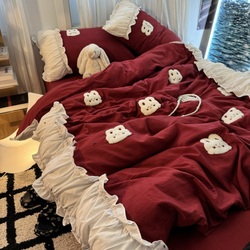 復古紅色女生大花邊公主被套水洗棉床單純棉四件套床品宿捨三件套