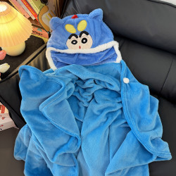 卡通蠟筆小新披風辦公室午睡毯鬥篷蓋毯學生午休毛毯連帽披肩毯子