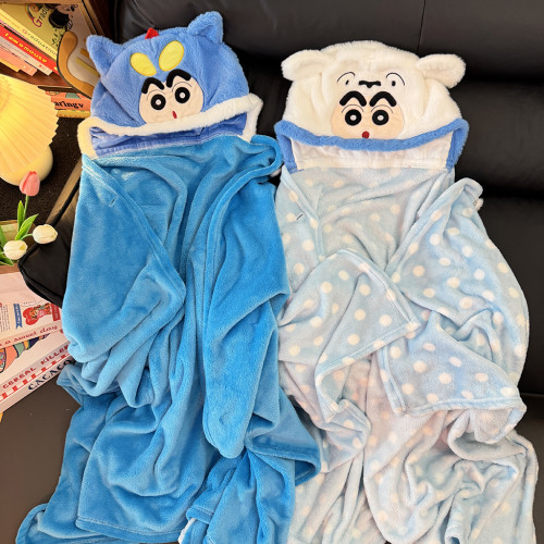卡通蠟筆小新披風辦公室午睡毯鬥篷蓋毯學生午休毛毯連帽披肩毯子