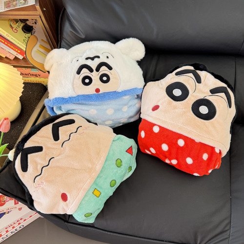 卡通蠟筆小新披風辦公室午睡毯鬥篷蓋毯學生午休毛毯連帽披肩毯子