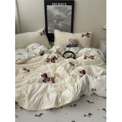 奶油韓系少女心ins卡通臘腸狗毛巾綉水洗棉四件套床單學生三件套